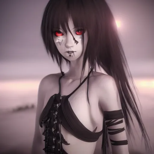Prompt: full shot portrait of angry darkness anime girl at moonlight, gothic wearing, worrying eyes,by Tim Burton, detailed, unreal engine 4k volumetric light, dense fog,