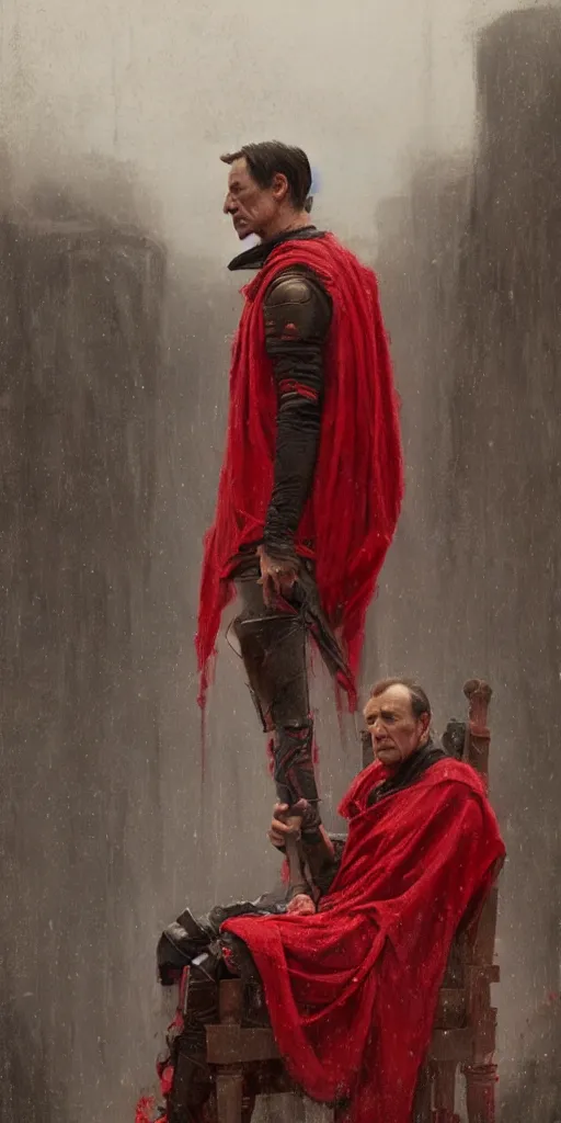 Image similar to the end is near. a tired julius caesar is sitting on his throne. face is highly detailed. splices of red are running down his toga. mist. color scheme red. low angle medium shot. imagined by jeremy lipking