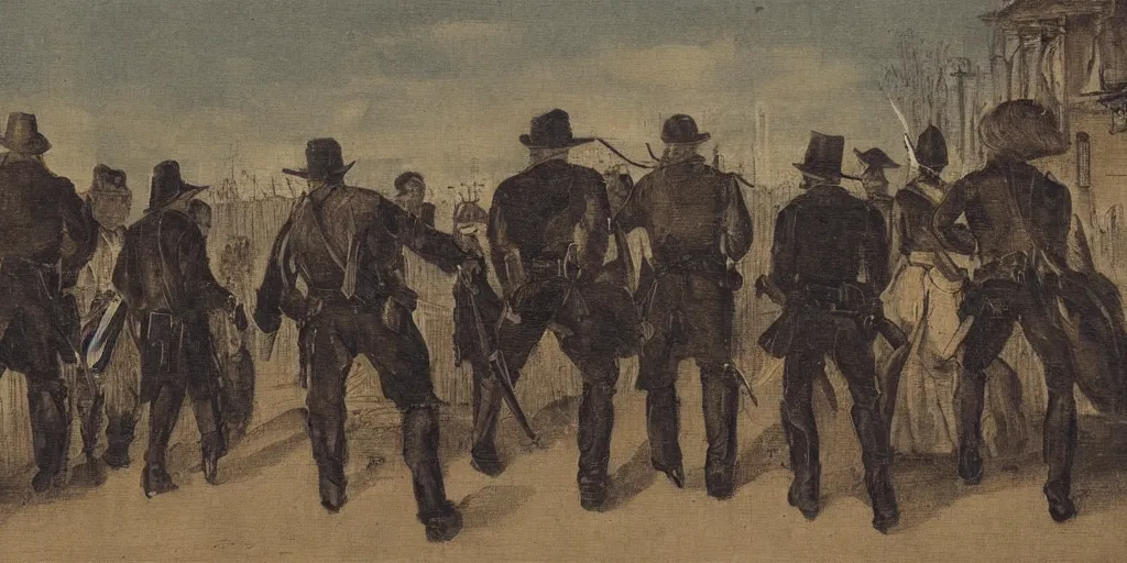 Image similar to a band of outlaws seen from the back walking toward a flaming mansion at night, as a XIXth century painting