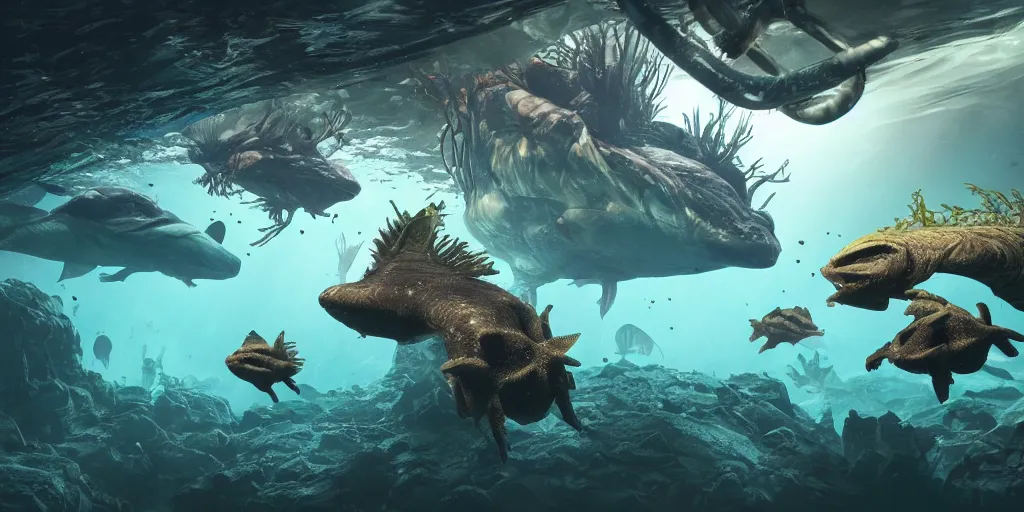 Prompt: underwater enviroment with Anoplogaster creatures, unreal 5, hyperrealistic, realistic, photorealistic, dynamic lighting, highly detailed, cinematic landscape, studio landscape, studio lighting