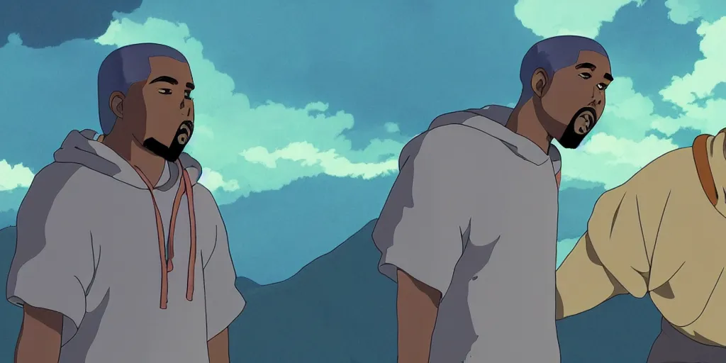 Image similar to kanye west in a studio ghibli movie, movie still frame, anime art style, studio ghibli, 4 k, 8 k