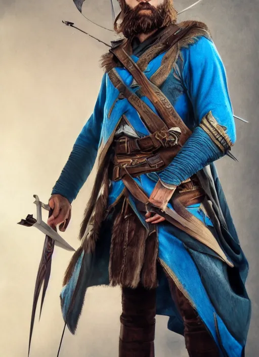 Image similar to A striking hyper real painting of a half elf ranger holding a cross bow with magic blue swirls, shaggy brown hair, scruffy beard, scar on face, blue tunic, unreal 5, DAZ, hyperrealistic, octane render, cosplay, RPG portrait, dynamic lighting