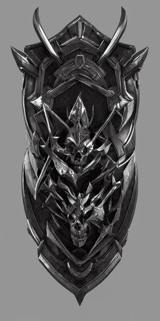 Image similar to a black and silver shield skull crest, ornament, weapon, a 3 d render by dom qwe, trending on polycount, artstation, hard surface modeling, zbrush, symmetry