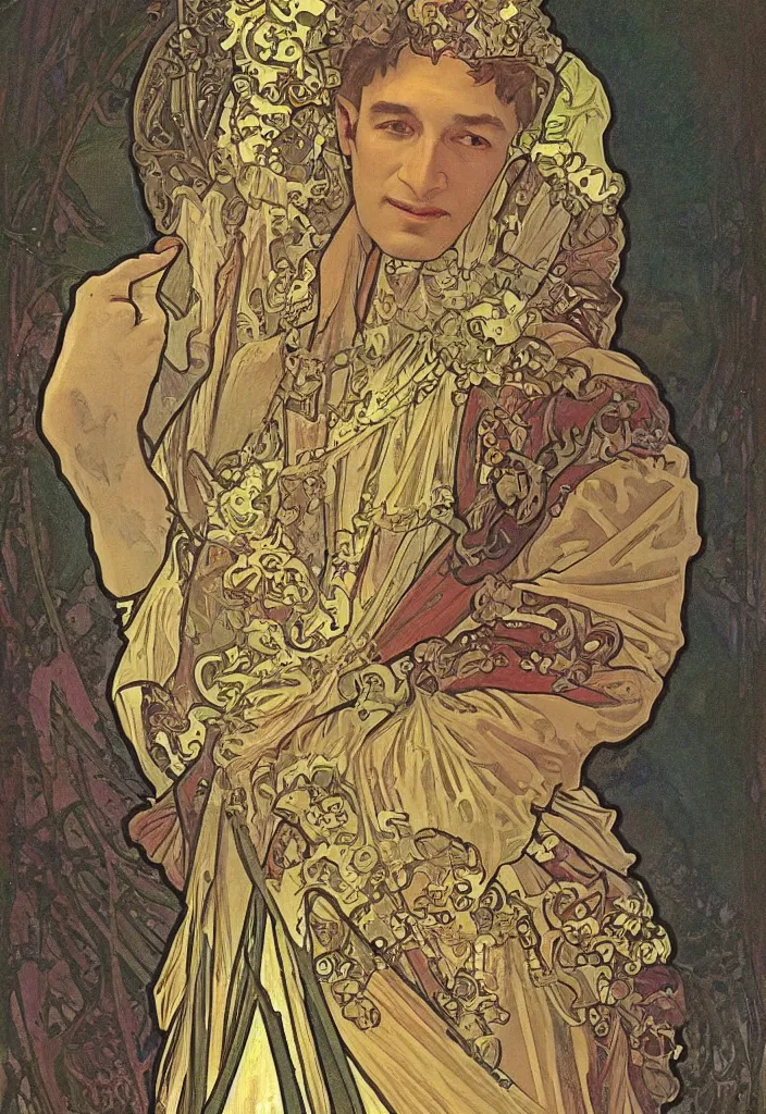 Prompt: geoffrey hinton in a crown on a tarot card, tarot in art style by alphonse mucha