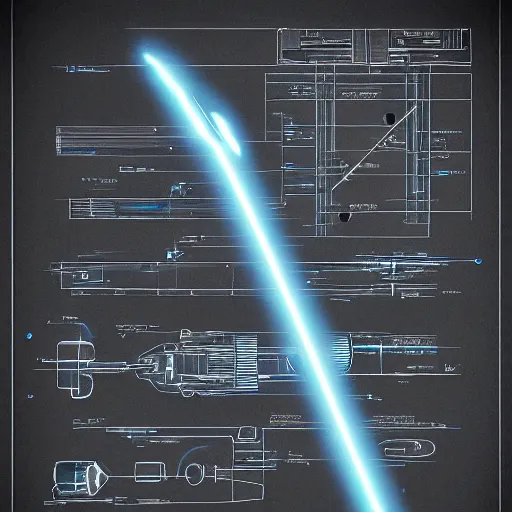 Image similar to technical blueprint of lightsaber, pencil style