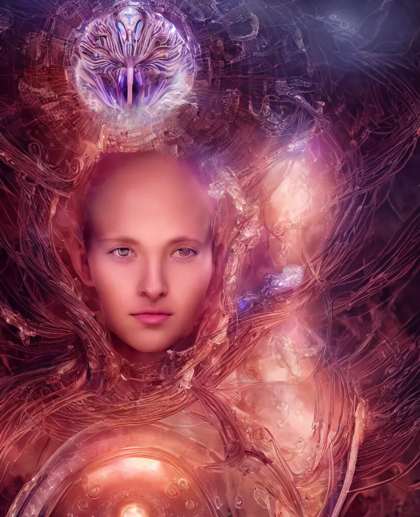 Image similar to epic futuristic ancient close-up macro portrait of the face of a beautiful princess, epic angle and pose, symmetrical artwork, 3d with depth of field, blurred background, cybernetic jellyfish crystal, obsidian, female face skull phoenix bird, translucent, nautilus, energy flows of water and fire. a highly detailed epic cinematic concept art CG render. made in Maya, Blender and Photoshop, octane render, excellent composition, cinematic dystopian brutalist atmosphere, dynamic dramatic cinematic lighting, aesthetic, very inspirational, arthouse. y Greg Rutkowski, Ilya Kuvshinov, WLOP, Stanley Artgerm Lau, Ruan Jia and Fenghua Zhong