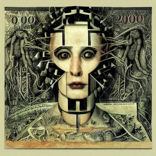 Image similar to post - punk new age album cover, asymmetrical design, dollar bank notes, capitalism, magic, apocalypse, psychedelic, black white pink, magic, giger h. r., giuseppe arcimboldo