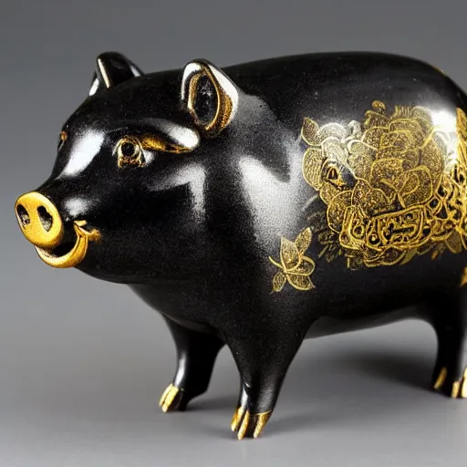 Prompt: chinese pig black and gold figurine