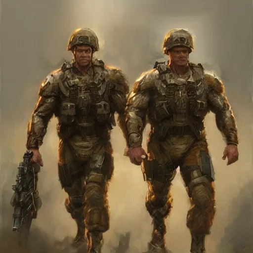 Prompt: Henry Cavill and Arnold Schwarzenegger as soldiers, character art by Donato Giancola, Craig Mullins, digital art, trending on artstation