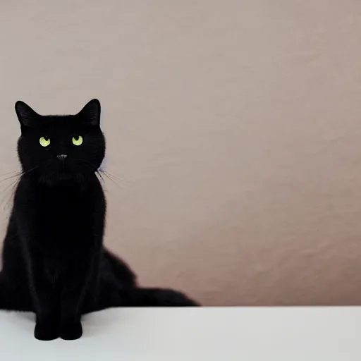 Image similar to studio photograph of a black cat sitting on a white table