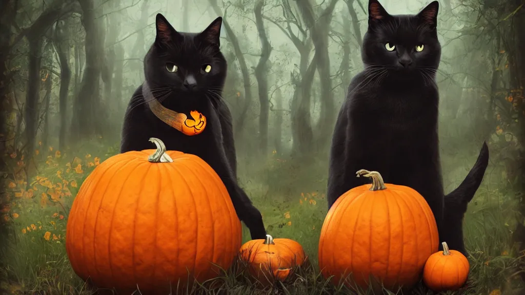 Prompt: beautiful black cat with a pumpkin in the woods ” beautiful dreamscape, digital art, concept art, detailed, lovely colors, art station, 3 - d 4 k, beautiful background, matte painting,,