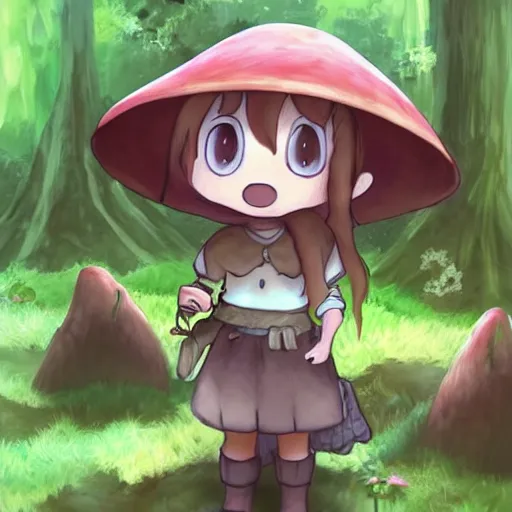 Image similar to cute little girl with a mushroom hat in dark forest, cute artwork, clean detailed, inspired in made in abyss