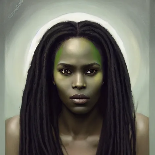 Image similar to a detailed matte oil on canvas head on symmetrical portrait of black skinned woman with long white and ( ( ( pale greenish ) ) ) hair, clothed by charlie bowater, lise deharme, wlop, trending on artstationhd, dungeons and dragons art critical role