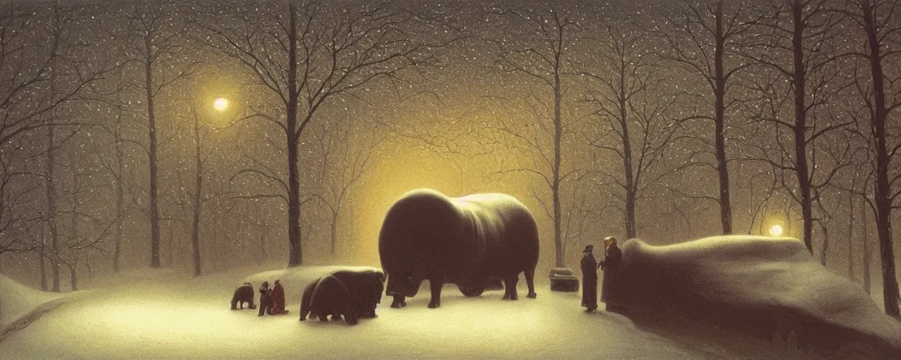 Prompt: the tunnel into winter, cottagecore, giant bull inside church, glowing eyes, by Baksinsky, painted by Quint Buchholz and Carl Gustav Carus, oil on canvas