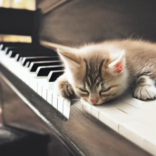 Prompt: an adorable kitten sleeping on a piano