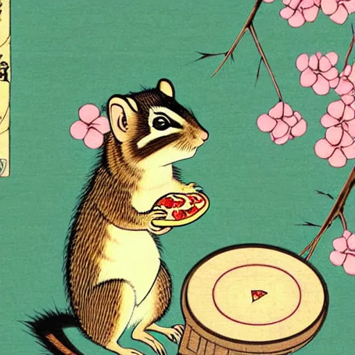 Prompt: japanese edo period woodblock print of a chipmunk eating pizza with pink blossoming cherry trees in the background, art by greg rutkowski and yoji shinkawa and akira toriyama