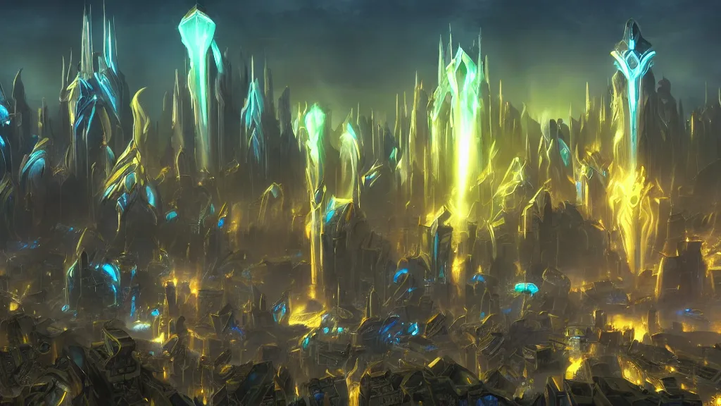 Prompt: incredible protoss city beautiful dramatic lighting