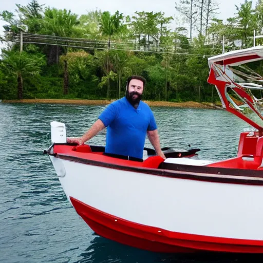 Prompt: billy mays, on a small boat