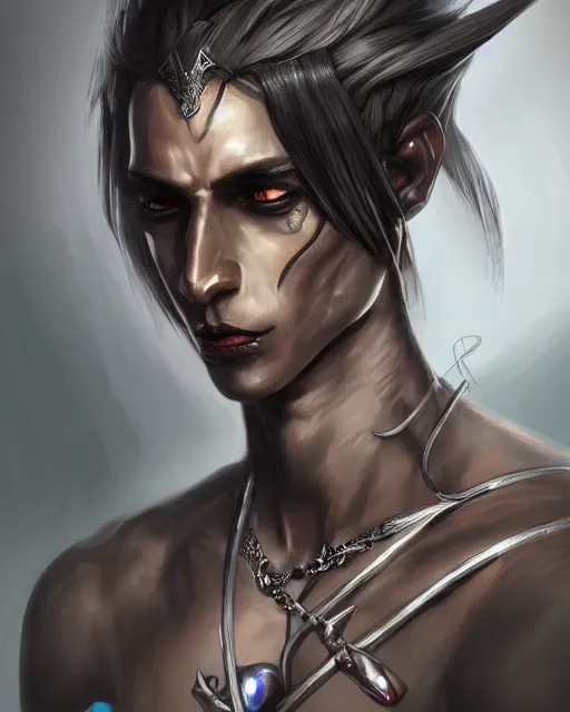 Image similar to portrait of a feminine male dark elf, obsidian skin, fantasy, elegant, intricate, highly detailed, digital painting, artstation, concept art, sharp focus, illustration