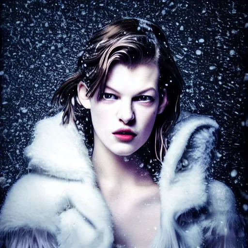 Prompt: Young Milla Jovovich as a snow goddess covered in snow, grungy, unkept hair, glowing eyes, winter, modelsociety, radiant skin, huge anime eyes, RTX on, bright on black, dramatic, studio lighting, perfect face, intricate, Sony a7R IV, symmetric balance, polarizing filter, Photolab, Lightroom, 4K, Dolby Vision, Photography Award