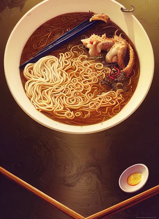 Image similar to highly detailed bowl of lucrative ramen, stephen bliss, unreal engine, fantasy art by greg rutkowski, loish, rhads and lois van baarle, ilya kuvshinov, rossdraws, tom bagshaw, alphonse mucha, global illumination, detailed and intricate environment