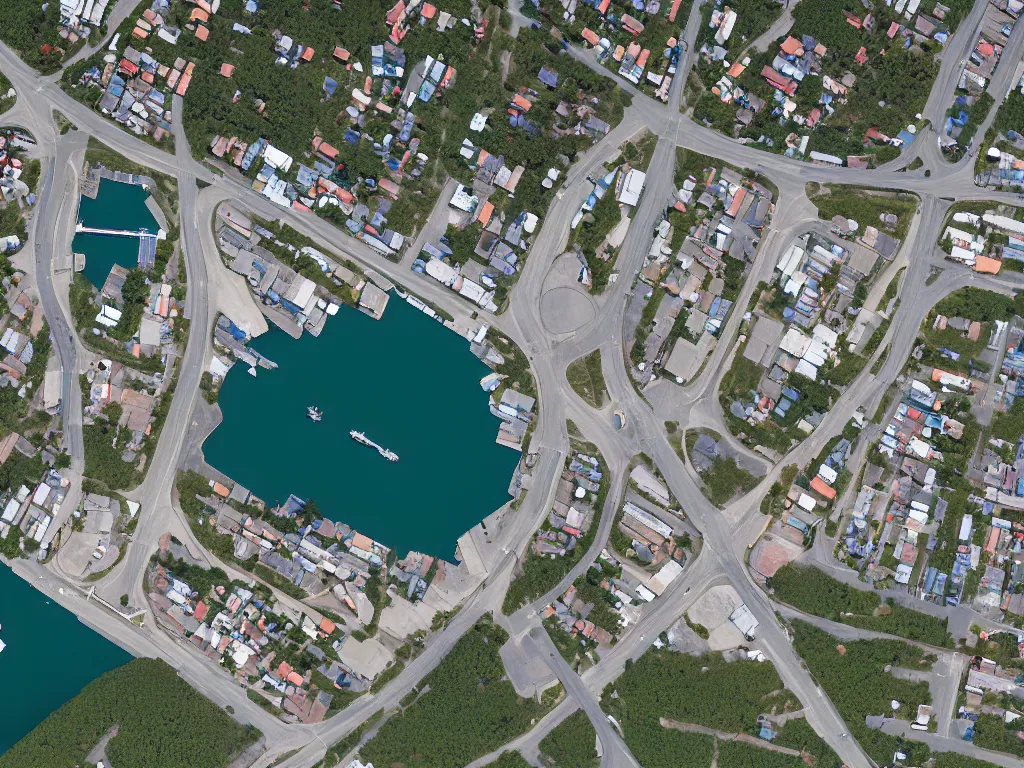 Image similar to satellite imagery of a small city with shops, shipping dock, and beach to the south. a bridge crosses a big lake, with a town hall, marketplace, and towers to the north. there is a field in the middle of the city. small hills and woods north of the city