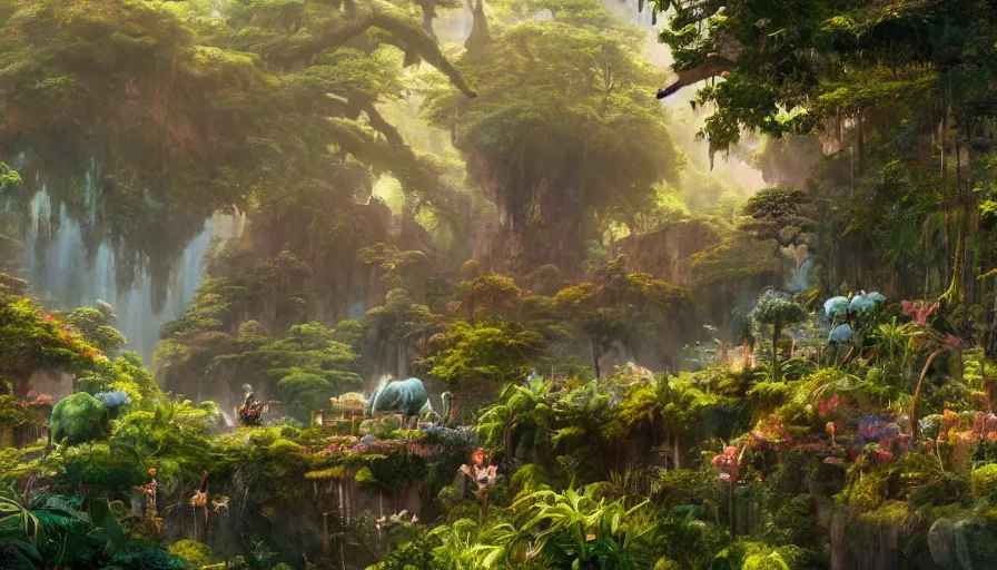 Prompt: craig mullins and studio ghibli illustration of the beastlands, avatar ( 2 0 0 9 ), lush landscape, jungle landscape, flowers, unreal engine, hyper realism, realistic shading, cinematic composition, realistic render, octane render, detailed textures, photorealistic, wide shot