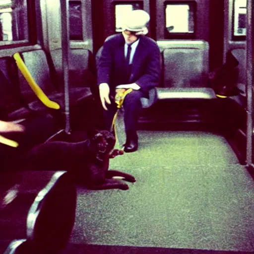 Image similar to a dog wearing a business suit on a subway train, 1 9 7 0 colour photography