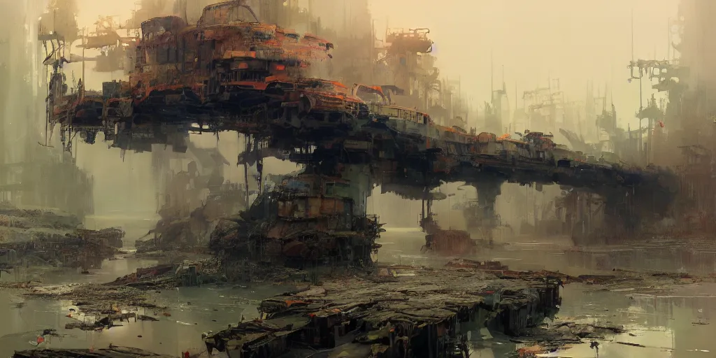 Image similar to concept art of a ruined bridge crossing a polluted lake filled with shipwrecks, grimy, gritty, blade runner 2 0 4 9, trending on artstation, award winning painting, cgi, art by john berkey and anton fadeev and john howe and simon stalenhag