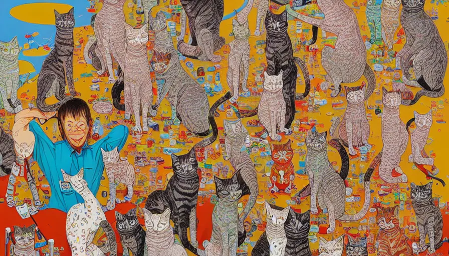 Prompt: highly detailed contemporary acrylic painting of really tall sitting cats by geof darrow, thick brush strokes and visible paint layers, vivid multicolor scheme