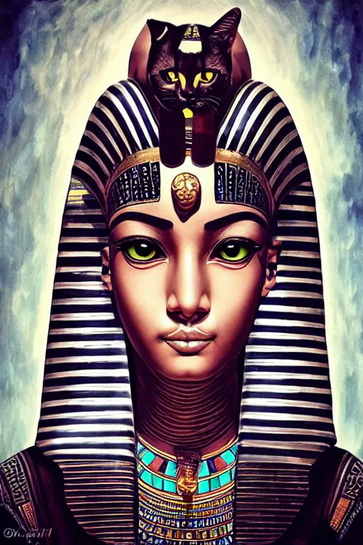 Prompt: a highly detailed beautiful portrait of a egyptian cat god with facial expression / emotion : fear in the style of artgerm.