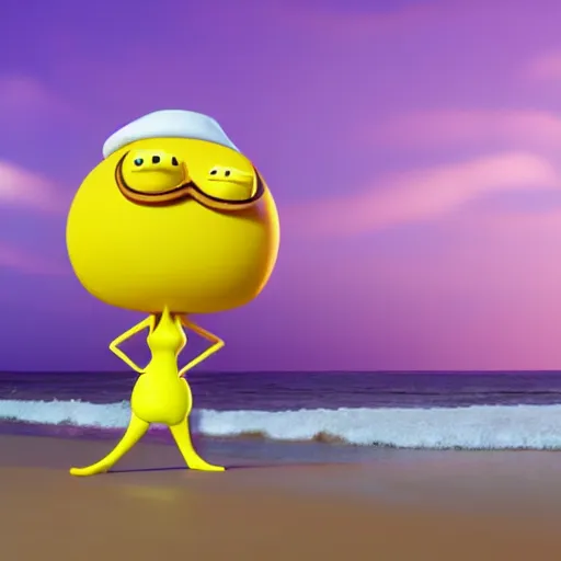 Image similar to 3 d octane render, of a hot anthropomorphic lemon female character inspired by cartoon adventure time, with lemon skin texture, she is wearing a hat, building a sandcastle on the beach at sunset, beach, huge waves, sun, clouds, long violet and green trees, rim light, cinematic photography, professional, sand, sandcastle, volumetric lightening