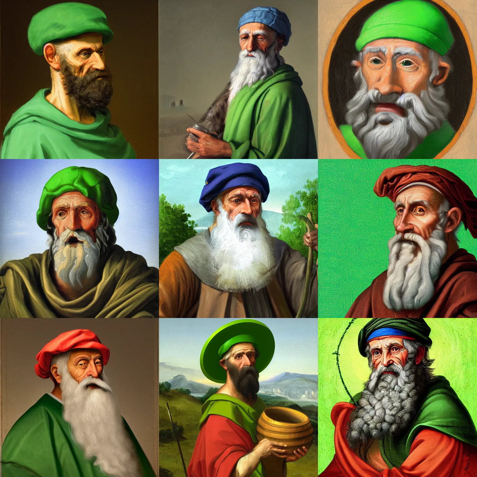 Prompt: portrait of Diogenes the greek philosopher wearing a bright green modern cap hat, near his barrel home, highly detailed, digital painting