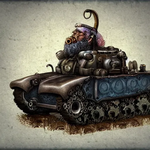 Image similar to a tank with mechanical legs, a gnome peeking out, steam punk, detailed digital art