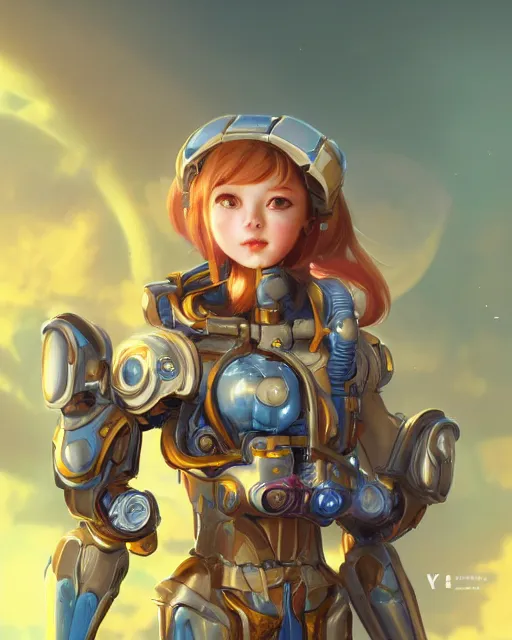 Prompt: holy cyborg girl with golden armor, cute, scifi, jetpack, alien world, futuristic, utopia, garden, colorful, cheerful, illustration, atmosphere, top lighting, blue eyes, focused, artstation, highly detailed, art by yuhong ding and chengwei pan and serafleur and ina wong