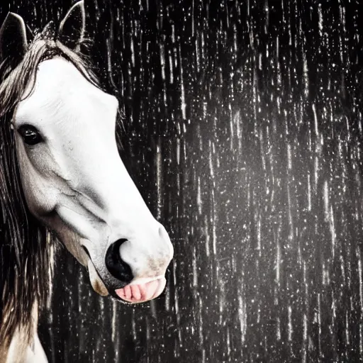 Prompt: photorealistic emo horse smiling widely gazing into the camera in the rain, stylish lighting, award winning photo