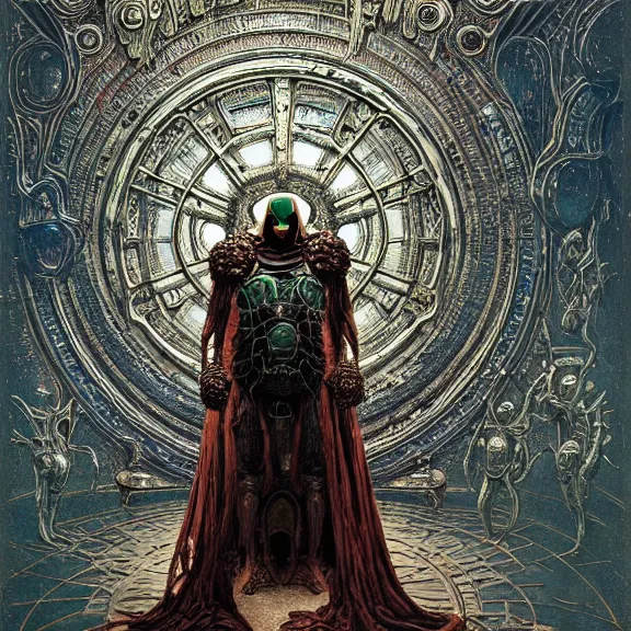 Image similar to Beksiński symmetric frame of dr doom from Prometheus movie, cyborg dr doom in ornate armour, byguo pei and alexander mcqueen metal couture editorial, eldritch epic monumental wallpaper by beksinski by Yuko Shimizu