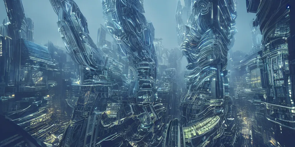 Prompt: organic skyscraper with an generative design exoskeleton, futuristic city vista, glowing lights, dynamic lighting, twinmotion render, intricate details, bladerunner 2049