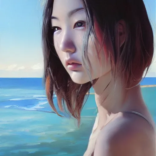 Image similar to oil painting by ilya kuvshinov,, baugh casey, artgerm craig mullins, coby whitmore, of a youthful japanese girl, long hair, wet sundress walking along the coast, highly detailed, breathtaking face, studio photography, noon, intense bounced light, water reflection, large tree casting shadow, serine intense sunlight in the style of zack snyder