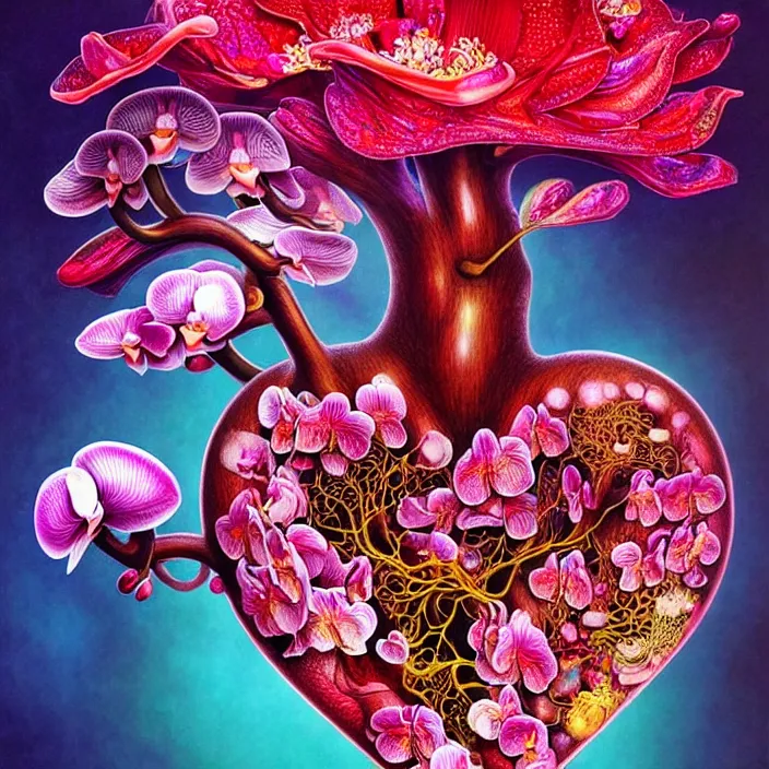 Image similar to extremely psychedelic organic human heart made of orchid and cherry blossom tree and mushroom, LSD, diffuse lighting, fantasy, intricate, elegant, highly detailed, lifelike, photorealistic, digital painting, artstation, illustration, concept art, smooth, sharp focus, art by John Collier and Albert Aublet and Krenz Cushart and Artem Demura and Alphonse Mucha