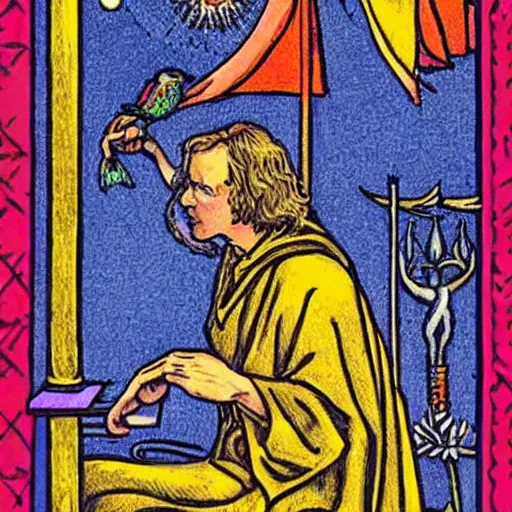 Prompt: Tucker Carlson in Thoth tarot deck, style of Lady Frieda Harris, 4K