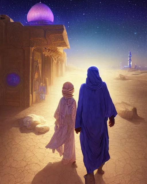 Image similar to bedouin man and woman and child in galaxy walking towards mosque surrounded by nebula, highly detailed, gold filigree, romantic storybook fantasy, soft cinematic lighting, award, disney concept art watercolor illustration by mandy jurgens and alphonse mucha and alena aenami, pastel color palette, featured on artstation