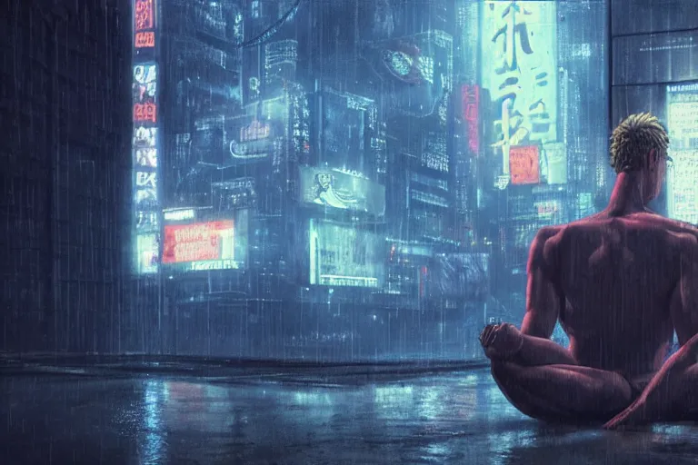 Image similar to roy batty with a bare torso sits in the lotus position with his head bowed in the rain on the roof of a building in the cyberpunk future, around neon signs, a little haze, night, realistic proportions, anime style ghost in armor