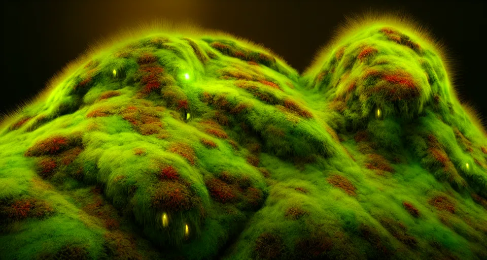 Prompt: a beautiful macro photography of moss with alien fungus, hyperdetailed, warm volumetric lights, made by gerald brom and mike winkelmann