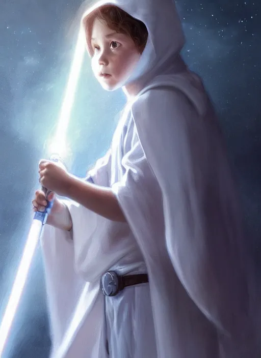 Image similar to perfectly - centered - portrait of a kid wearing white cloak holding light saber, intricate, highly detailed, digital painting, artstation, concept art, smooth, sharp focus, illustration, unreal engine 5, 8 k, art by artgerm and greg rutkowski and alphonse mucha