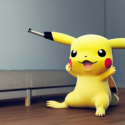 Image similar to Pikachu taking a bong rip while sitting on the couch, unreal engine 5, octane render, cgsociety, living room interior, soft lighting, ray tracing