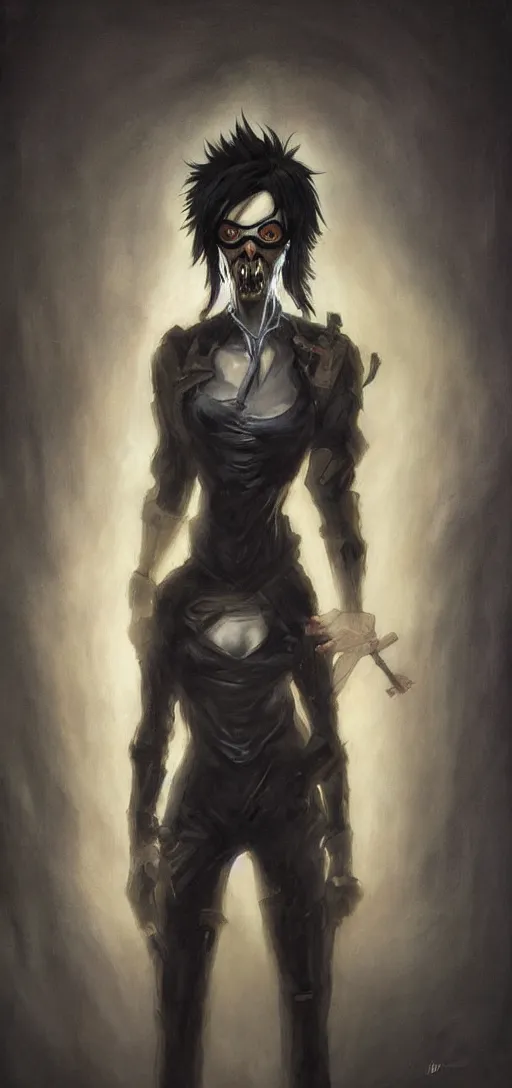 Image similar to dark portrait painting of tracer from overwatch, in style of zdzisław beksinski, scary, horror, overwatch tracer character, dressed in dark garment, tall,