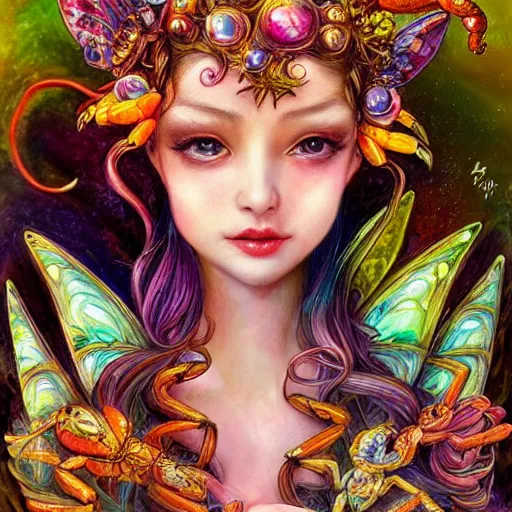 Prompt: portrait of a cute pretty scorpion fairy, fantasy, whimsical, art by josephine wall and chengwei pan, intricately detailed, highly detailed, luxurious, elegant, clean, trending on artstation