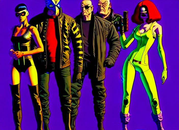 Image similar to cyberpunk heist crew. portrait by stonehouse and mœbius and will eisner and gil elvgren and pixar. character design. realistic proportions. cyberpunk 2 0 7 7 character art, blade runner 2 0 4 9 concept art. cel shading. attractive face. thick lines. the team. diverse characters. artstationhq.