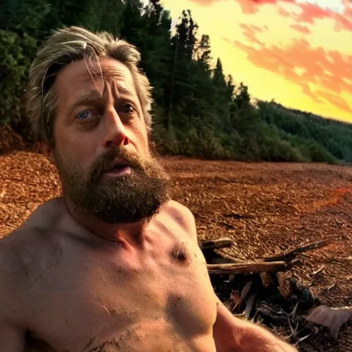 Prompt: extreme log shot, man vs wild, hugh grant, born survivor, face with beard, extreme, wide shot, sunset ligthing, forest and fear, worms, bonfire, art by anderson sophie,
